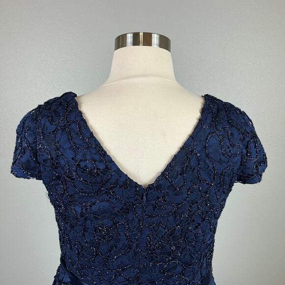 Alex Evenings Beaded Lace Belted Fit and Flare Midi Cocktail Dress Blue Size 14W - Picture 10 of 12
